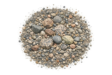 Close-up overhead view of a pile of assorted smooth river stones and pebbles on a black background