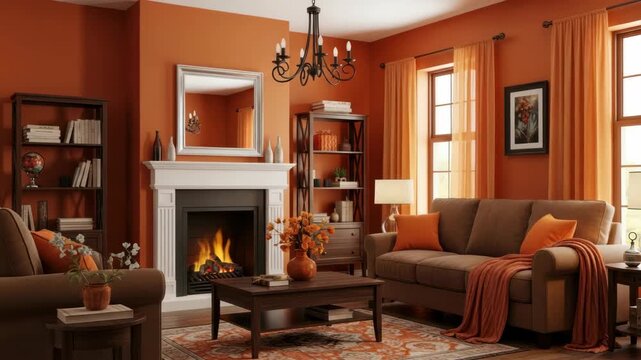 Cozy living room interior with fireplace furniture and decorative elements