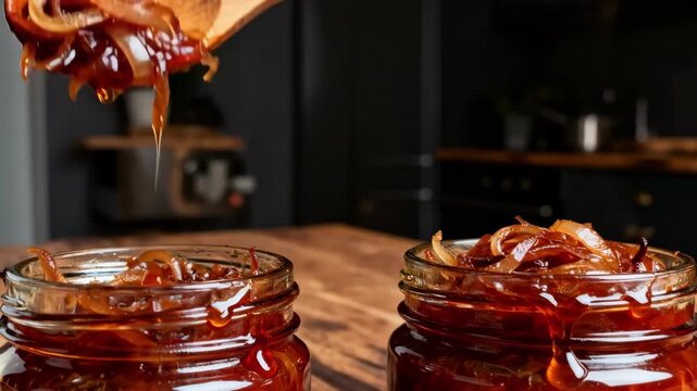 Onion jam canning in progress thick savory mixture scooped into jars wooden spoons and dark kitchen backdrop emphasizing rich flavors and artisanal craftsmanship.