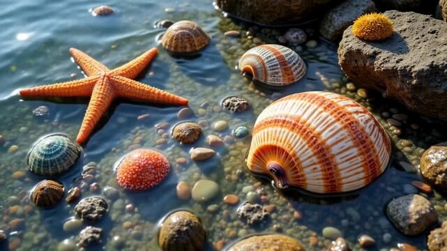 Ocean tide pools with shells and starfish macro shot