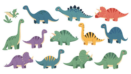 Diverse group of colorful cartoon dinosaurs including brachiosaurus, stegosaurus, and triceratops displayed together in a playful style.