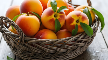 A basket filled with ripe and fresh peaches ready to eat