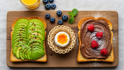 A nutritious breakfast board with avocado and chocolate toast