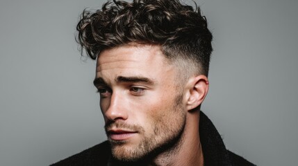 Obraz premium Young caucasian male with stylish curly haircut facing right.