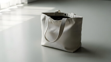 A minimalist white canvas tote bag on a grey floor