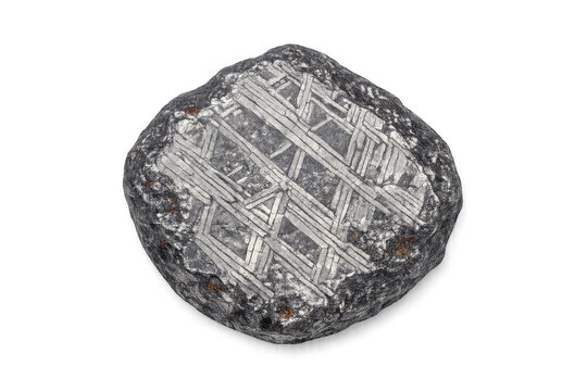 Close-up of a meteorite with Widmanstatten patterns, showcasing extraterrestrial origin