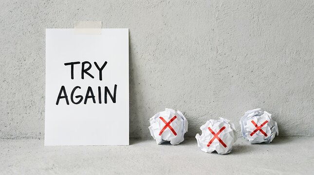 A white sheet of paper with the words TRY AGAIN handwritten in black ink is taped to a textured wall next to three crumpled paper balls marked with red crosses retry perseverance