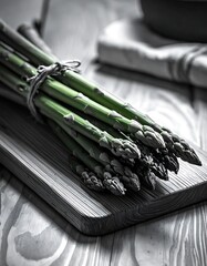 A bundle of bright green asparagus sits on a cutting board atop a gray wooden surface in a muted setting