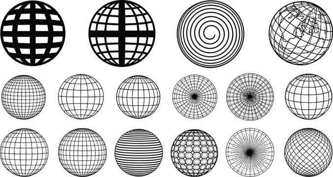 Wireframe globe sphere icon set showing geometric world grids for technology science data visualization and abstract designs