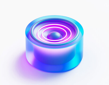 Isometric matte‑glass 3D music speaker with a translucent blue‑purple body and glowing pink‑purple rings, creating a futuristic audio device design on a light background.