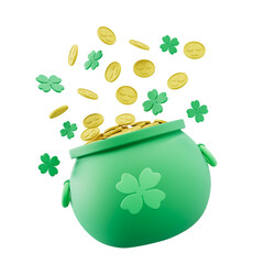 green cauldron pot with gold coin and clover leaves 3d cartoon element for Saint Patrick's day cutout © boommaval