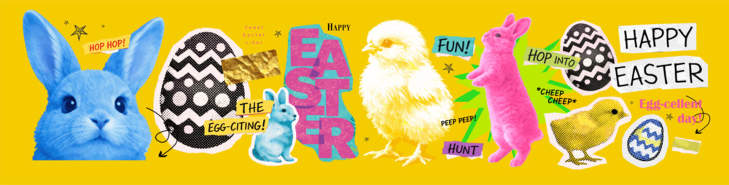 Happy Easter illustration set with bunny, chick, decorated eggs and hand-drawn typography. Collage style graphics for Easter greetings, stickers, card, poster, kids design, scrapbooking