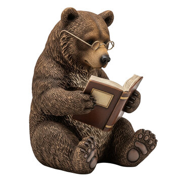 Intellectual bear engrossed in reading a book isolated on transparent background