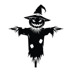 Black Silhouette of a Spooky Halloween Scarecrow with Pumpkin Head creepy