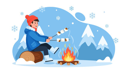 Fototapeta premium Winter Fun Toasting Marshmallows Around Campfire Enjoying Outdoor Adventure