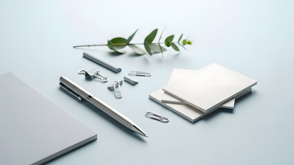 Minimalist office stationery with eucalyptus accents