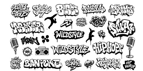 Street Art Graffiti Urban Spray Paint Hip Hop Culture Tag Bold Graphic Vector Collection Black White