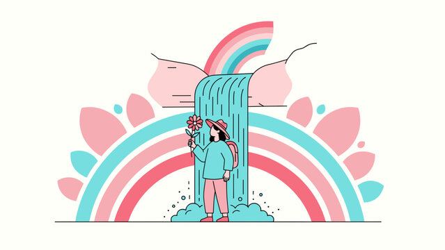 Woman Experiencing Nature's Bliss Under A Rainbow Waterfall With A Flower