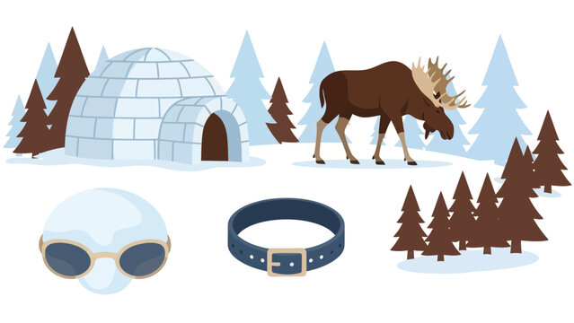 Winter Wilderness Adventures Featuring Animals Igloo And Accessories Isolated In White