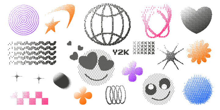 Trendy Y2K dithered pixel art elements. Set of bitmap shapes including globe, hearts, stars, and smileys. Retro halftone effect for cyberpunk and techno designs. Creative vector illustration set.