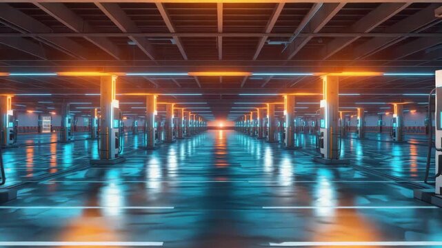 Futuristic electric vehicle charging station garage with neon blue and orange lights, parking ev
