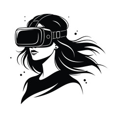 Woman wearing VR headset with flowing hair black and white virtual reality female
