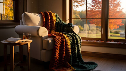 A cozy armchair with a knitted blanket placed beside a window in autumn light