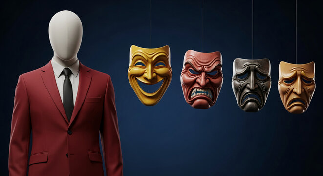 Mannequin in red suit with tie. Hanging masks of different emotions, representing expression, role play, and personality, against dark background