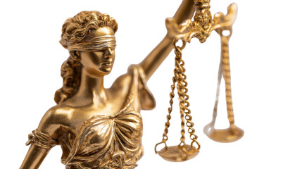 Fototapeta premium Golden Lady Justice statue holding scales isolated on white background 