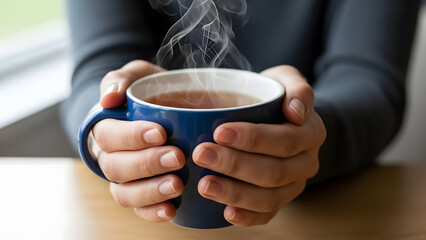 Close-up of hands holding a steaming blue mug of tea