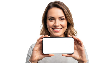 Fototapeta premium Woman holding smartphone with bright smile isolated on transparent background
