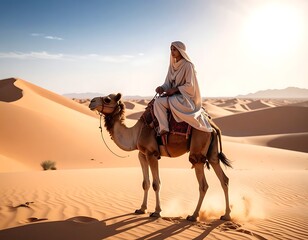 A person in traditional garb rides a camel across a sun-drenched desert landscape with vast sand dunes