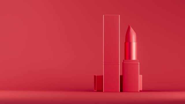 Rotating glossy red lipstick in red tube standing on red backdrop. Fashion, cosmetics, makeup animation 3d render
