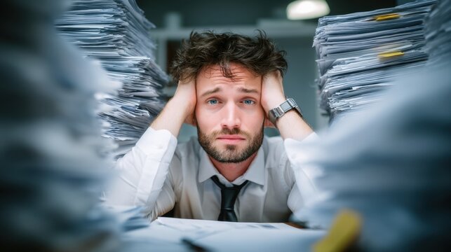 Stressed caucasian male adult office worker overwhelmed by stacks of paperwork.