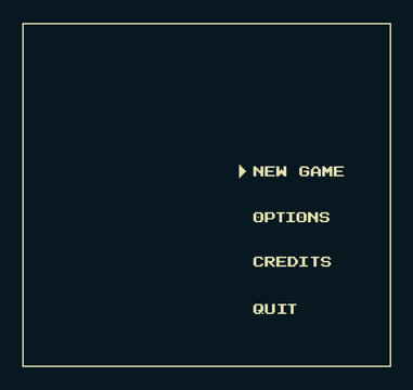Retro pixel art main menu screen with classic video game interface showing New Game, Options, Credits and Quit buttons. Minimal 8-bit style UI design for arcade, indie or old school game start menu.