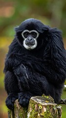 Obraz premium A dark furry primate with pale face sits atop a mossy post, gazing directly forward