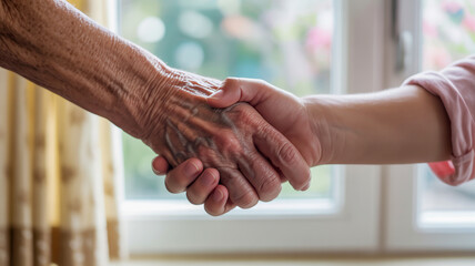 A heartfelt handshake between generations: elderly person's wrinkled hand clasps a younger individual's hand in a warm gesture of connection and support