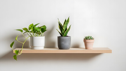 Three potted plants arranged on a wooden floating shelf