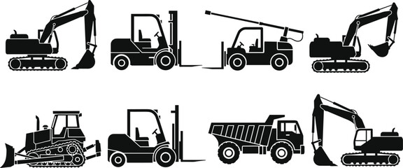 Heavy Construction Equipment Silhouette Vector Icon Set, Collection of Excavator, Forklift, Bulldozer, and Dump Truck Machinery Illustrations, Industrial and Logistics Design Elements © Farzana