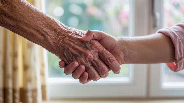 A heartfelt handshake between generations: elderly person's wrinkled hand clasps a younger individual's hand in a warm gesture of connection and support - Powered by Adobe