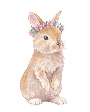 Watercolor Easter bunny with a spring flower wreath