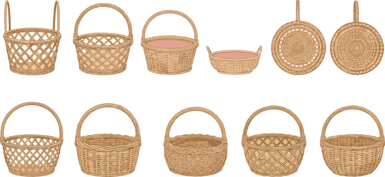 Wicker basket illustration set showing handmade woven containers for storage picnic shopping rustic decor designs