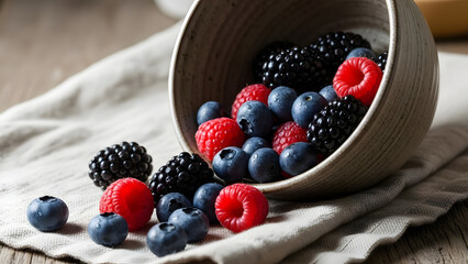 Assorted fresh berries spilling from a ceramic bowl