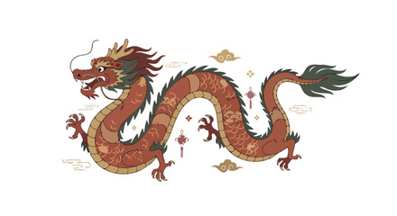 Fototapeta premium Vibrant traditional Chinese dragon illustration with intricate scales, golden accents, and flowing mane, set against a white background with subtle clouds and lanterns.