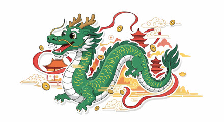 A vibrant green Chinese dragon illustration with traditional pagodas, clouds, and golden coins, celebrating cultural heritage.