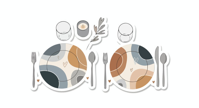 Two modern dinner place settings with abstract patterned plates, cutlery, glasses, and a candle, depicted as stickers.