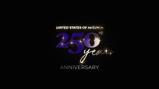 250 years anniversary celebration logo video. 4th of July Independence Day of America. Number 250 vector illustration on black background.