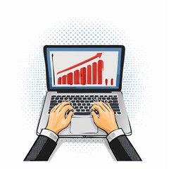 Laptop with business growth chart on screen and halftone hands typing, art collage. Finance analysis concept, market strategy.