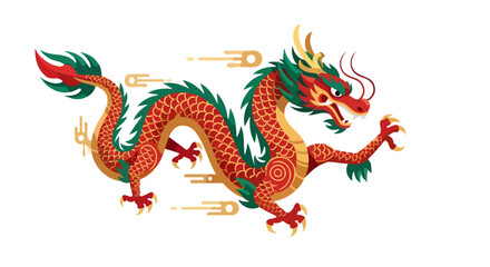 Vibrant red and green Chinese dragon flying with golden speed lines, traditional mythical creature.