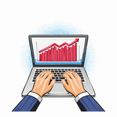 Laptop with business growth chart on screen and halftone hands typing, art collage. Finance analysis concept, market strategy.